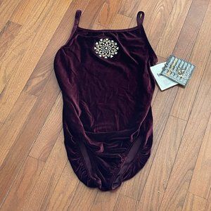 New GK Elite Sportswear Burgundy Velour Gem Dance Ballet Leotard Adult Large